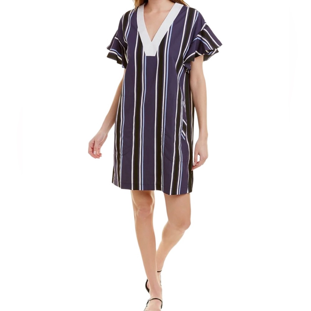 Lela Rose Pearl Blue/Periwinkle/White Striped Flutter Sleeve Mini Dress S
